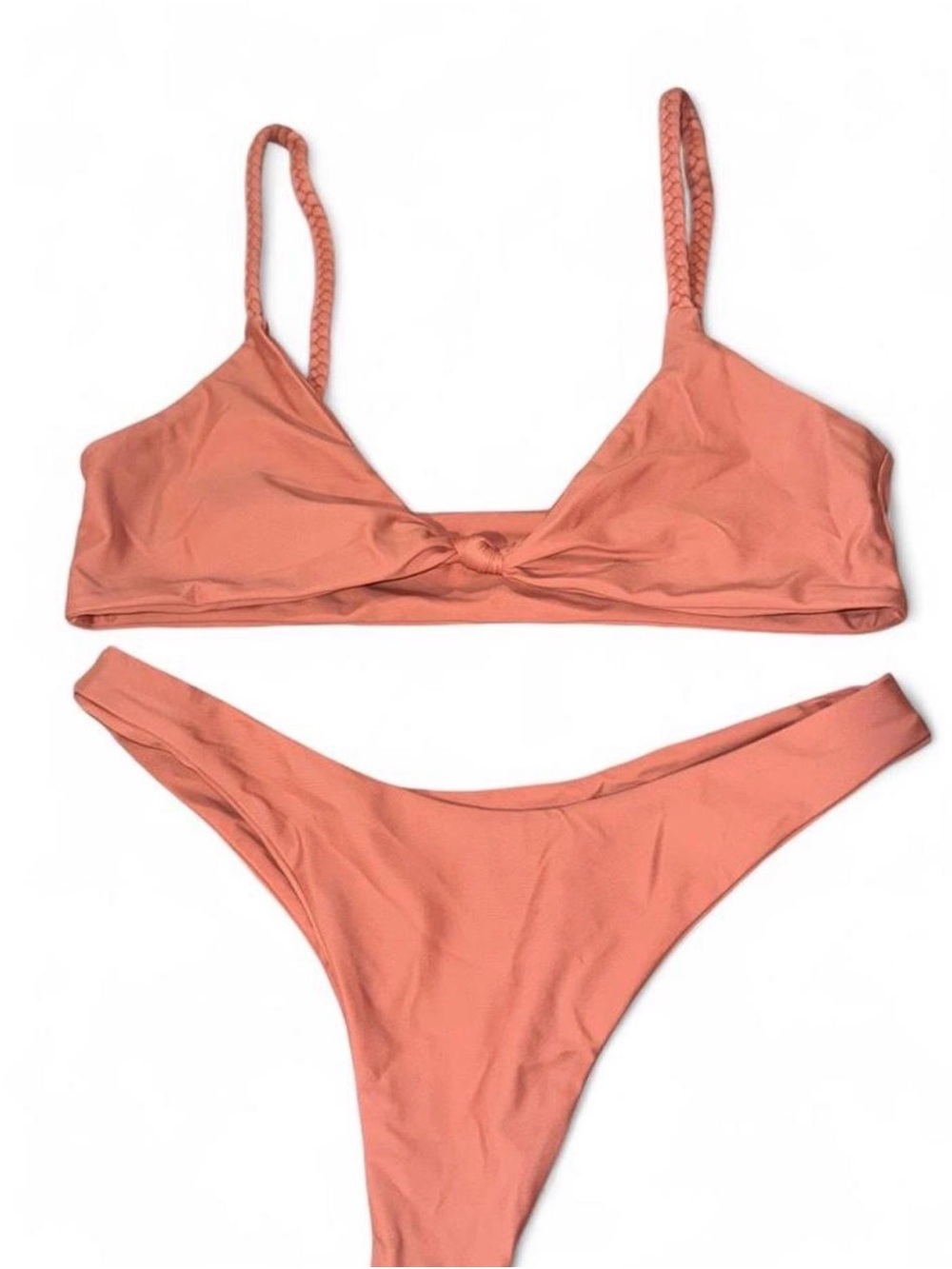 Women's Coral Pink Bikini Set - Braided Strap Top & High-Cut Bottom